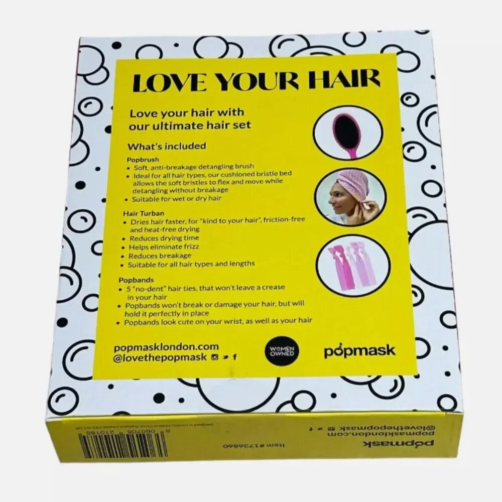 Popmask Ultimate Hair Set Detangling PINK Hair Brush & Hair Ties & TURBAN. NEW - Picture 4 of 6